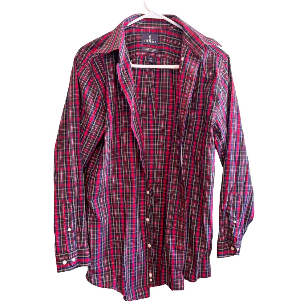 Stafford Mens Red Plaid Broadcloth Button Down Shirt 15.5 32-33 Regular